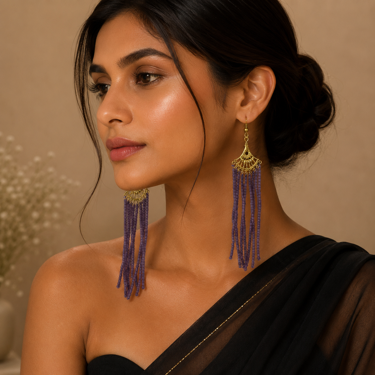 Purple Stone Bead Gold Earring