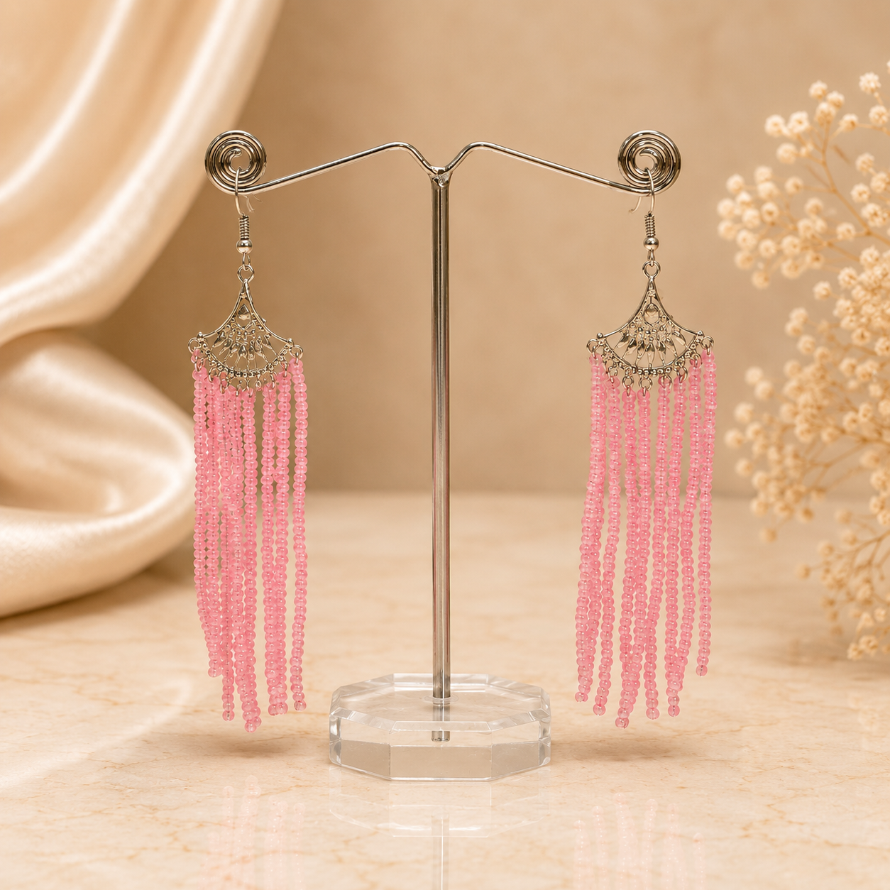 Pink Stone Bead Silver Earring