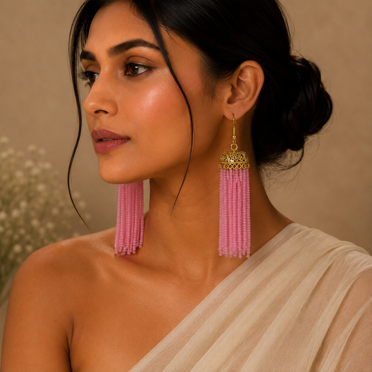Pink Stone Bead Gold Box Jhumka Earring