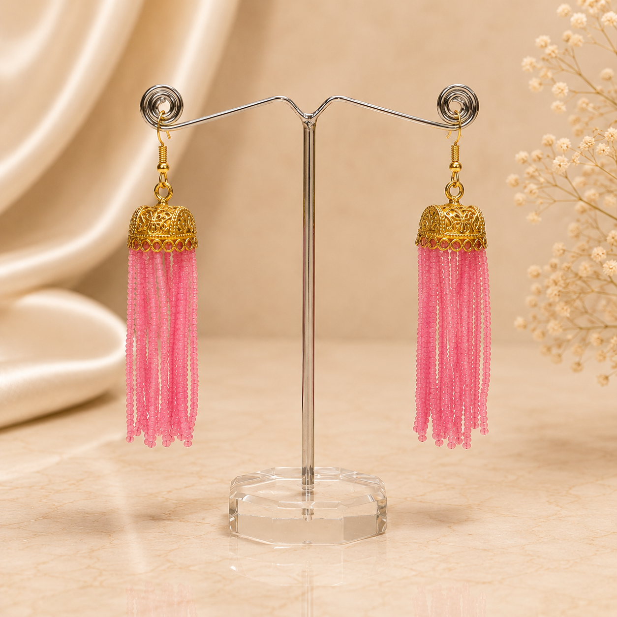 Pink Stone Bead Gold Box Jhumka