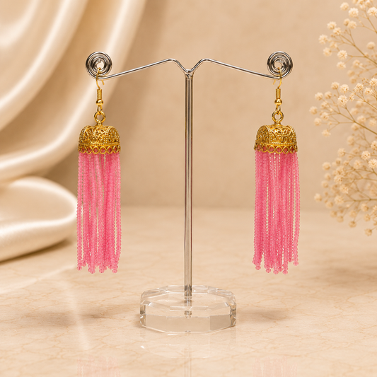 Pink Stone Bead Gold Box Jhumka Earring