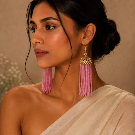 Pink Stone Bead Gold Jhumka Earring