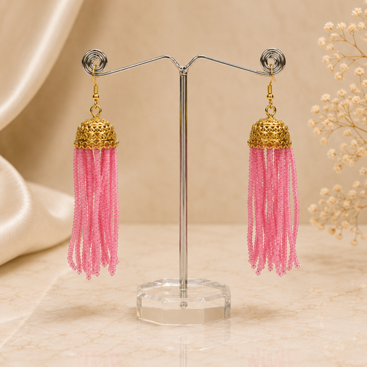 Pink Stone Bead Gold Jhumka Earring
