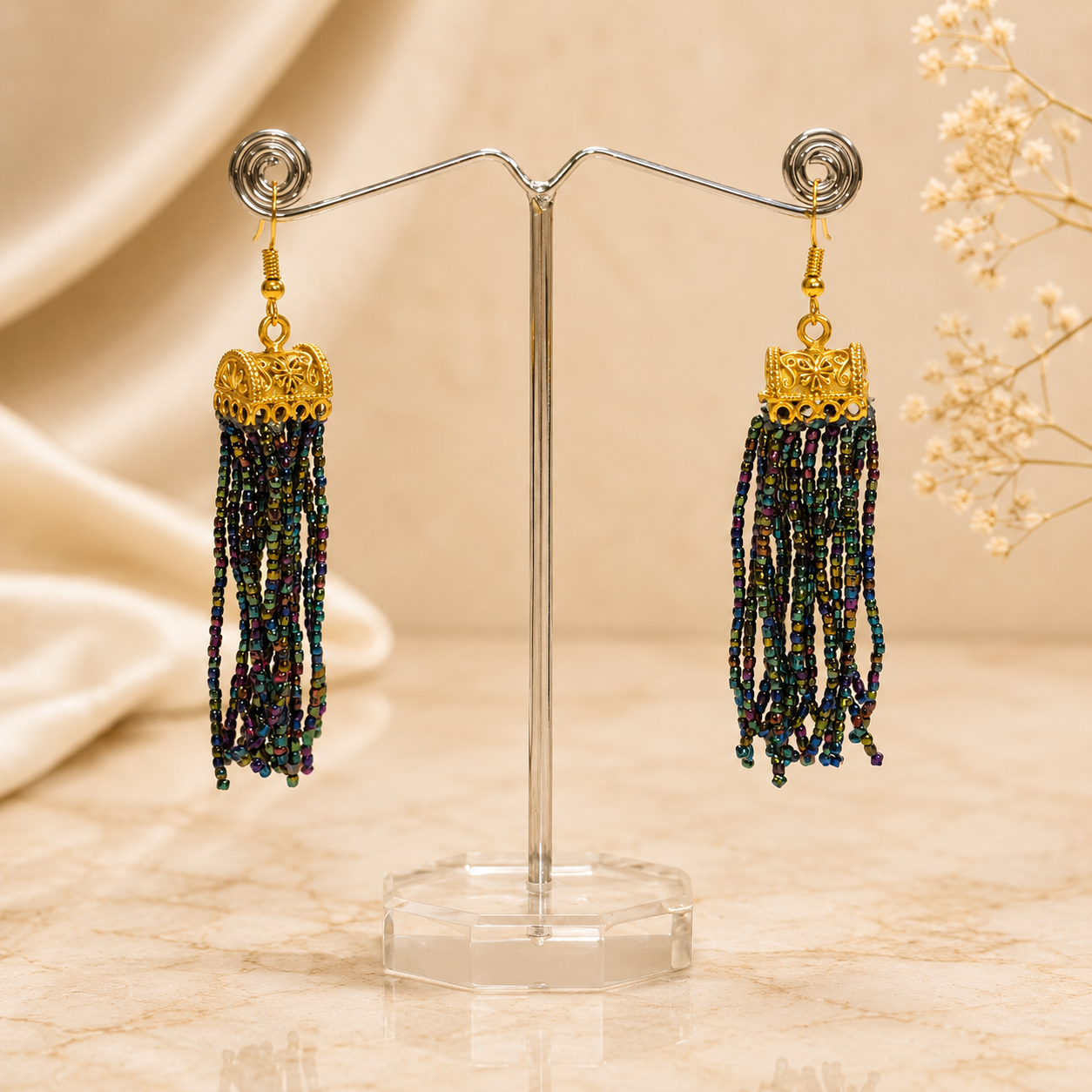 Black Party Bead Gold Box Jhumka