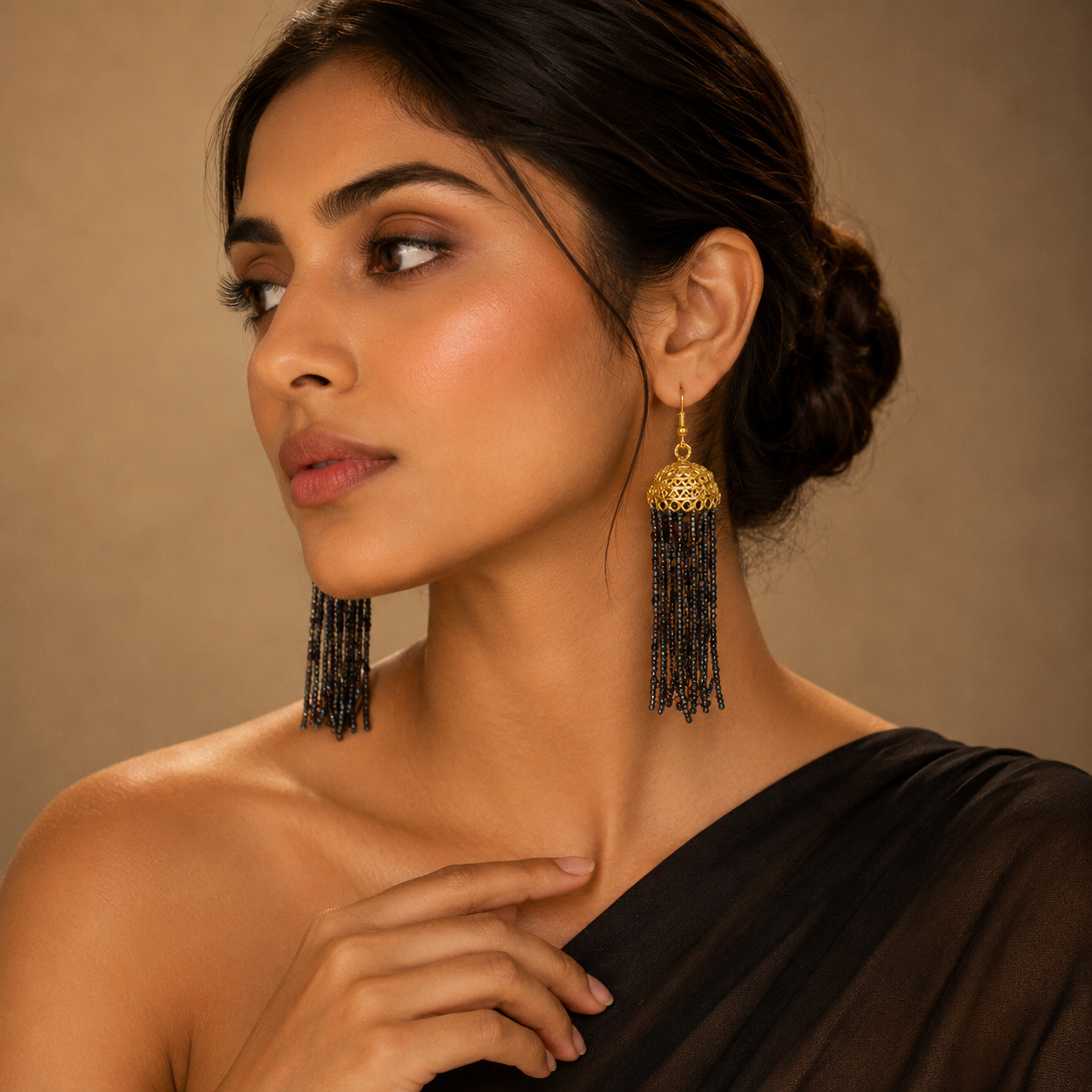 Black Party Bead Gold Jhumka