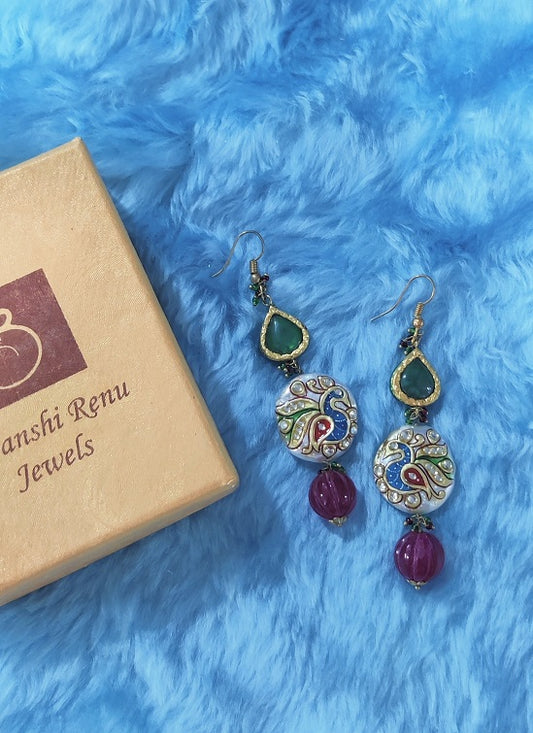 Peacock Pearl Red Green Drop Earrings