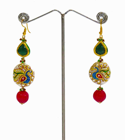 Peacock Pearl Red Green Drop Earrings