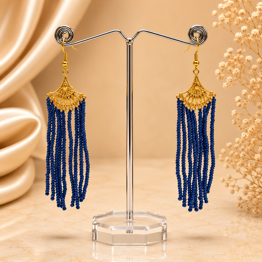 Navy Blue Stone Gold Bead Earring