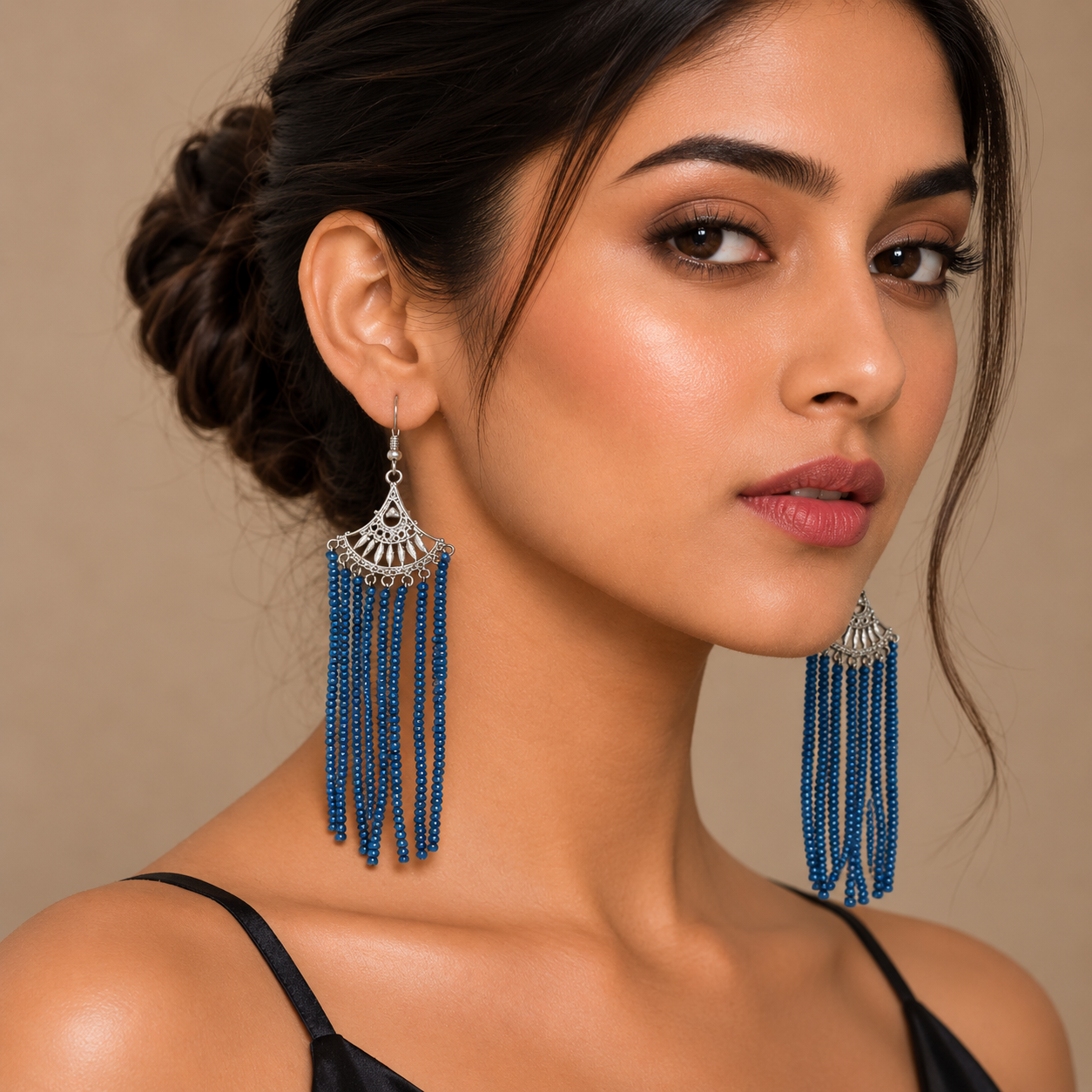 Navy Blue Stone Silver Bead Earring