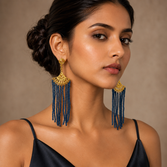 Navy Blue Stone Gold Bead Earring